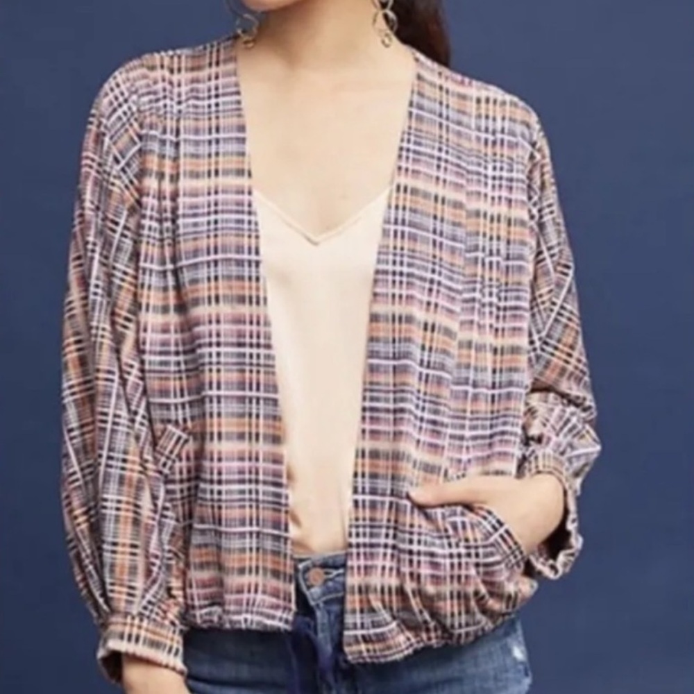 Akemi Kin by Anthropologie plaid drawstring waist, Cardi jacket